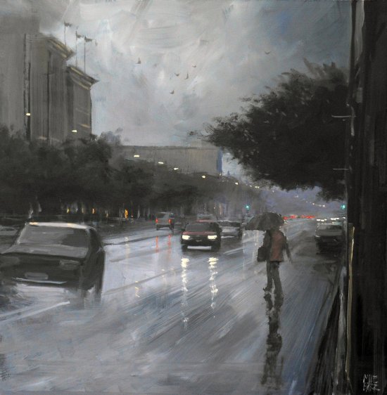 Mike Barr pinturas cidades australianas na chuva impressionista triste