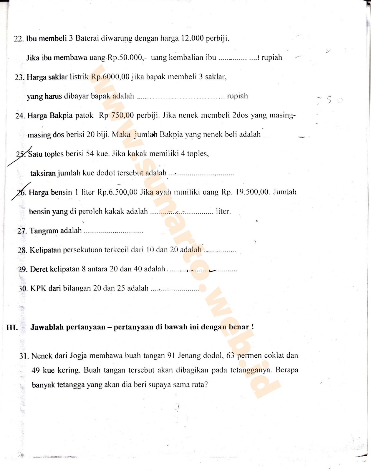 UTS Ujian Tengah Semester Tema 1 dan 2 Matematika Halaman 6 SD Kelas 4 TA 2016 2017 Semester Ganjil Kurikulum2013