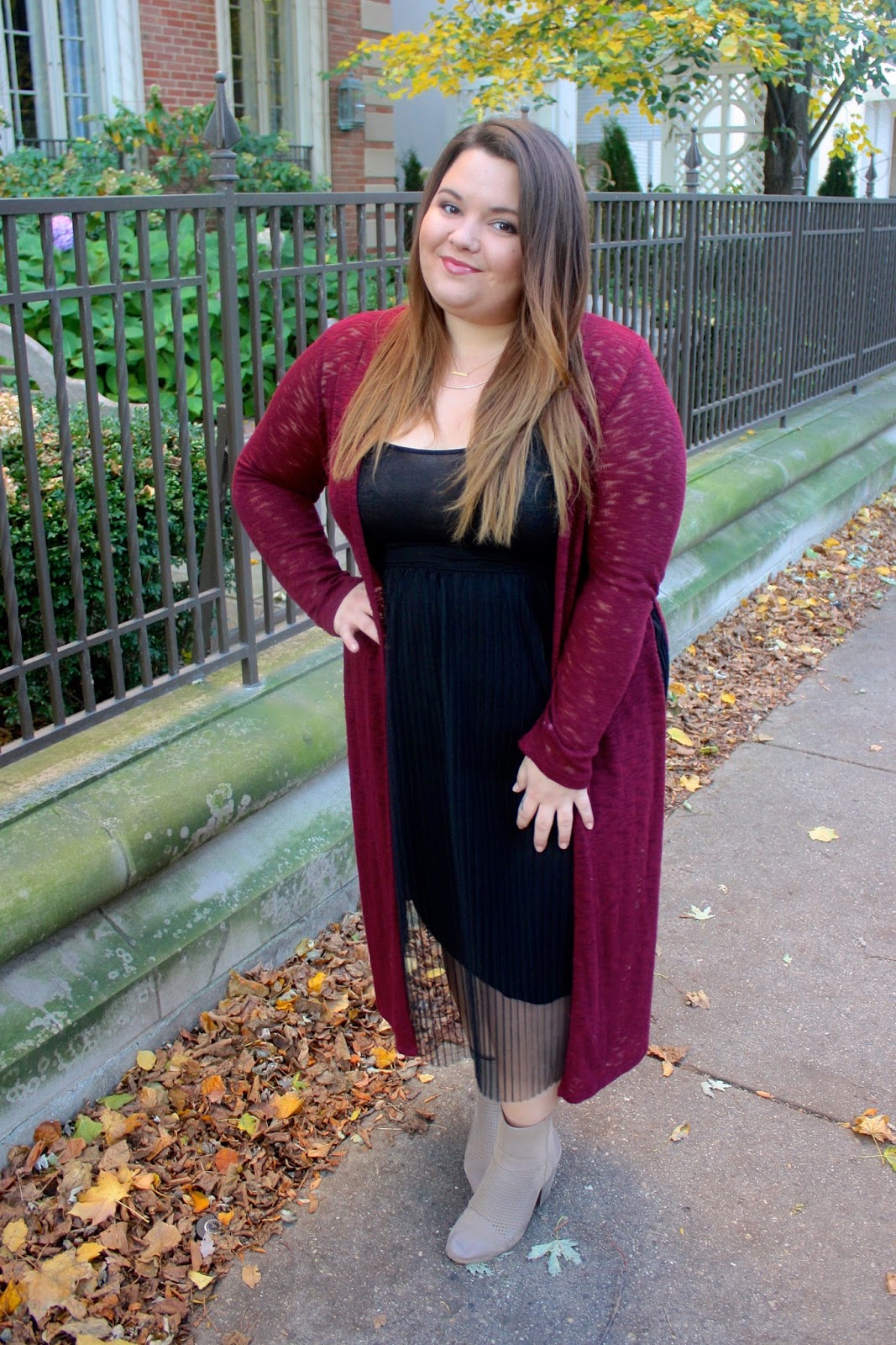 Natalie Craig, Natalie in the city, chicago, fashion blogger, plus size fashion blogger, plus size, ootd, duster cardigan, maxi cardigan, pleated tulle, tulle skirt on plus size women, full figured, see through dress, burgundy, fall fashion, chicago blogger, ankle boots for plus size, what to wear with a duster cardigan, Love EmilyD, chicago doordinate necklace