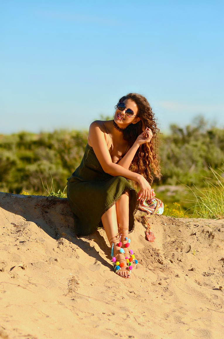 Zara slip dress, Maria BK Pom pom sandals, Lace choker, Round sunglasses, Jacky luxury bag, Boho style, curly hair, TC Style Clues, Tamara Chloé
