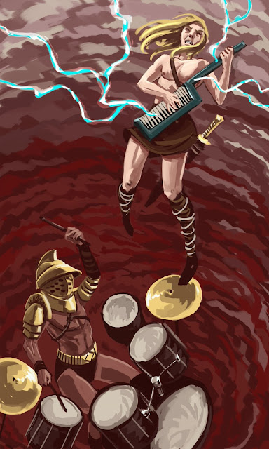 A person in armor playing drums and a person playing a keytar in a whirlwind.