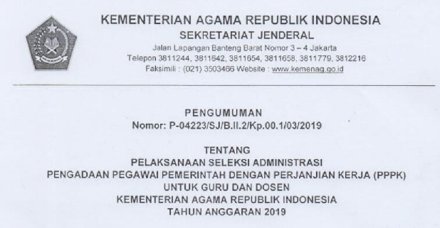 Jadwal Seleksi Administrasi akan dilakanakan SELEKSI PPPK (P3K) KEMENAG DILANJUTKAN, SELEKSI ADMINISTRASI AKAN DILAKANAKAN 8 – 28 MARET 2019