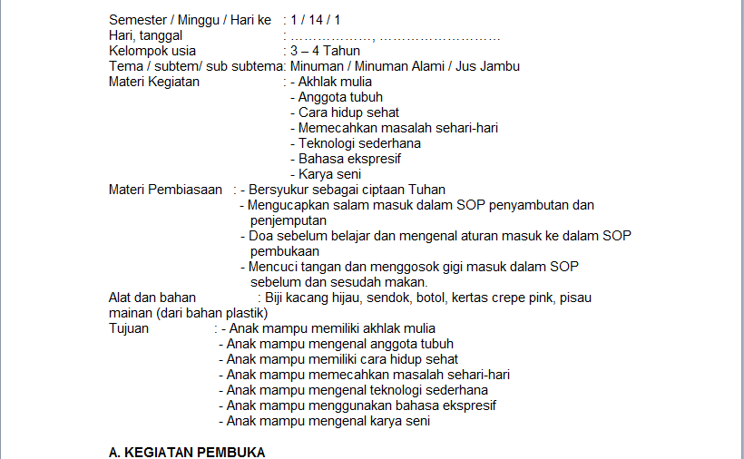 Rkh Paud Usia 3 4 Tahun Semester 1 Berbagai Tahun