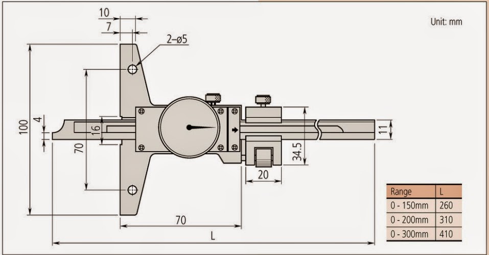 Sơ đồ kích thước của thước đo sâu đồng hồ Mitutoyo Series 527