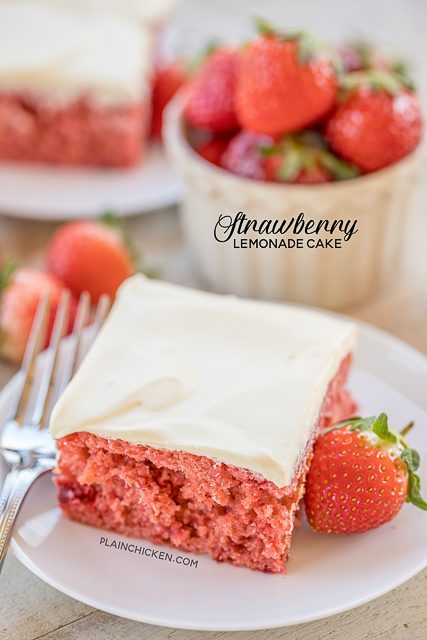 Strawberry Lemonade Cake - lemon cake mix and strawberry pie filling combine to make one amazing dessert!!! Top the cake with a quick cool whip lemon pudding frosting. This cake is the most requested cake I make! I have to bring it to all of the potlucks I'm invited to. It is always the first dessert to go and everyone asks for the recipe! Make it today! #cake #dessert #strawberry #lemonade Strawberry Lemonade Cake - lemon cake mix and strawberry pie filling combine to make one amazing dessert!!! Top the cake with a quick cool whip lemon pudding frosting. This cake is the most requested cake I make! I have to bring it to all of the potlucks I'm invited to. It is always the first dessert to go and everyone asks for the recipe! Make it today! #cake #dessert #strawberry #lemonade