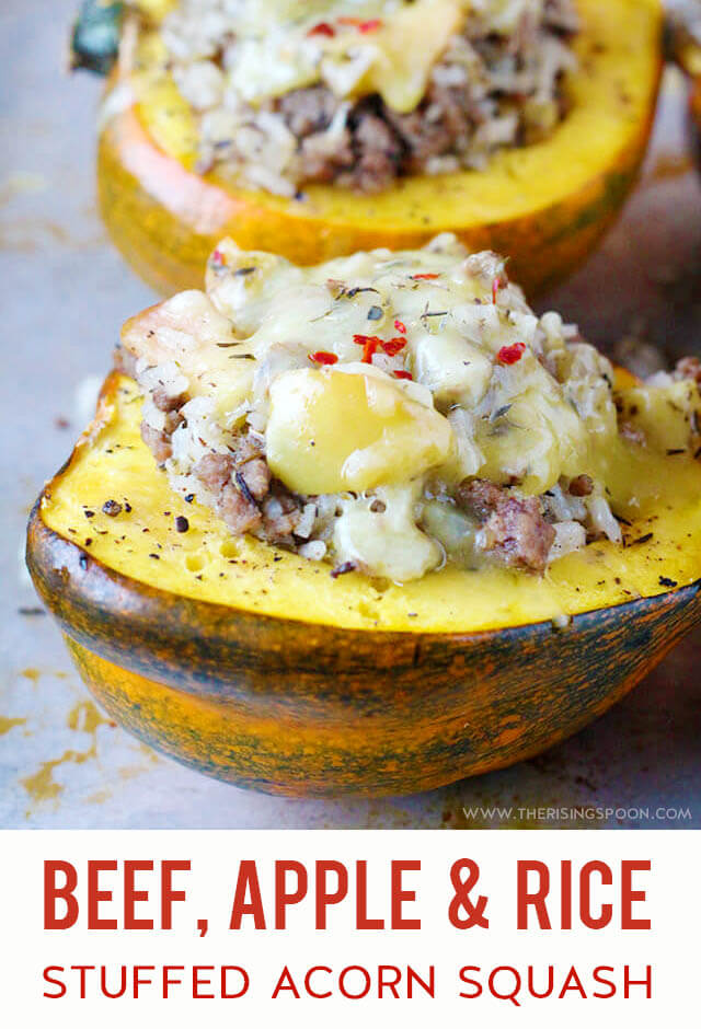 An easy recipe for savory baked acorn squash stuffed with ground beef (hamburger meat), apple & white rice then topped with melty cheese. Serve this during the fall & winter months as healthy gluten-free dinner, side dish or appetizer. It's perfect for Thanksgiving & Christmas, too!