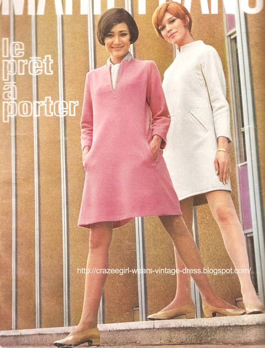 pink white aline dress coat 1967 60s 1960 A droite , stricte et bien construite, en tricotine beige de Dumas Maury (Fabric Manufacturer) - RALLYE LEMPEREUR chez Hermia.  A gauche, souple et légère en ratine bois de rose, NORMAN-VASKENE chez Citronelle .