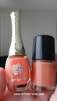 Coral Peripera nail polish and Tony Moly nail polish