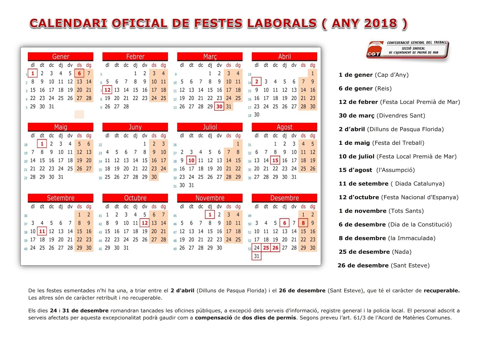 Blog CGT Aj. Premià de Mar Calendari Oficial de Festes Laborals del 2018