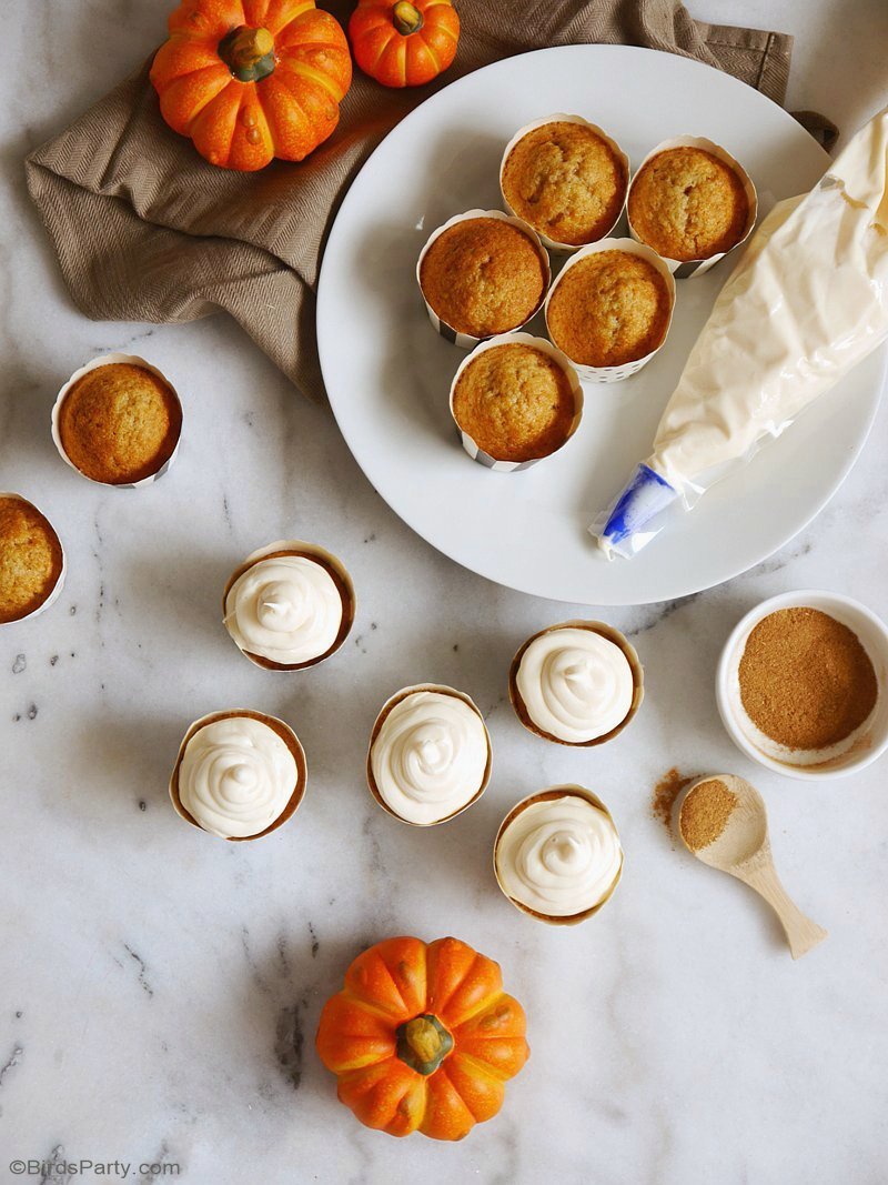 Pumpkin Spice Cupcakes & Easiest Cream Cheese Frosting EVER! - learn to bake these delicious Fall treats for a party or dessert course! by BirdsParty.com @birdsparty