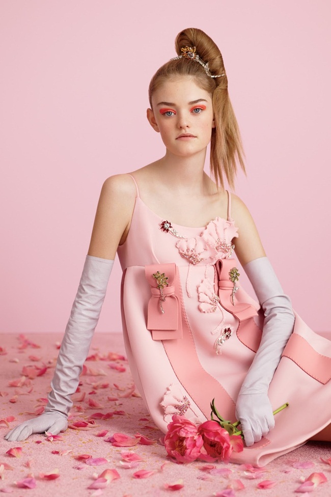 Teen Vogue September 2015, Willow Hand Prada 2015 AW Little Pink Embellished Jersey Gazarre Empire-Waist Dress Editorials
