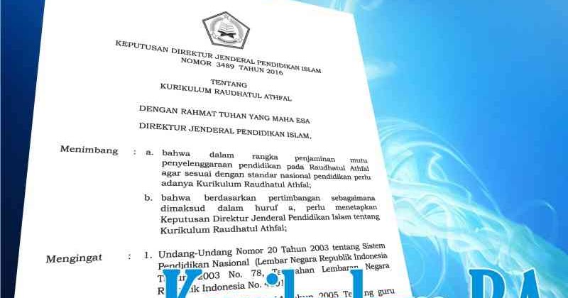 Kurikulum RA 2016 (SK Dirjen Pendis No. 3489 Tahun 2016)