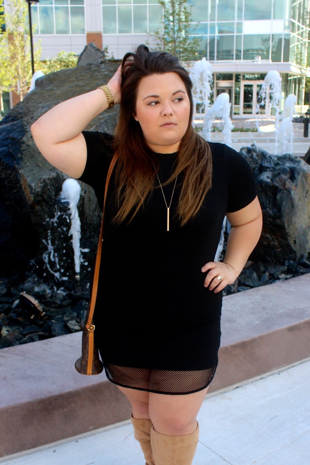 Natalie Craig, plus size fashion, ps fashion, little black dress, wearing black, natalie in the city, chicago, fashion blogger, plus size fashion blogger, forever 21, perforated boots, north and clybourne, perforated shoes, mesh dress, fatshion, confidence, louis vuitton, gold watch, woman within, wide calf boot, thick, wide calf
