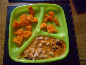 Baby portion of paprika chicken and jacket sweet potato chunks