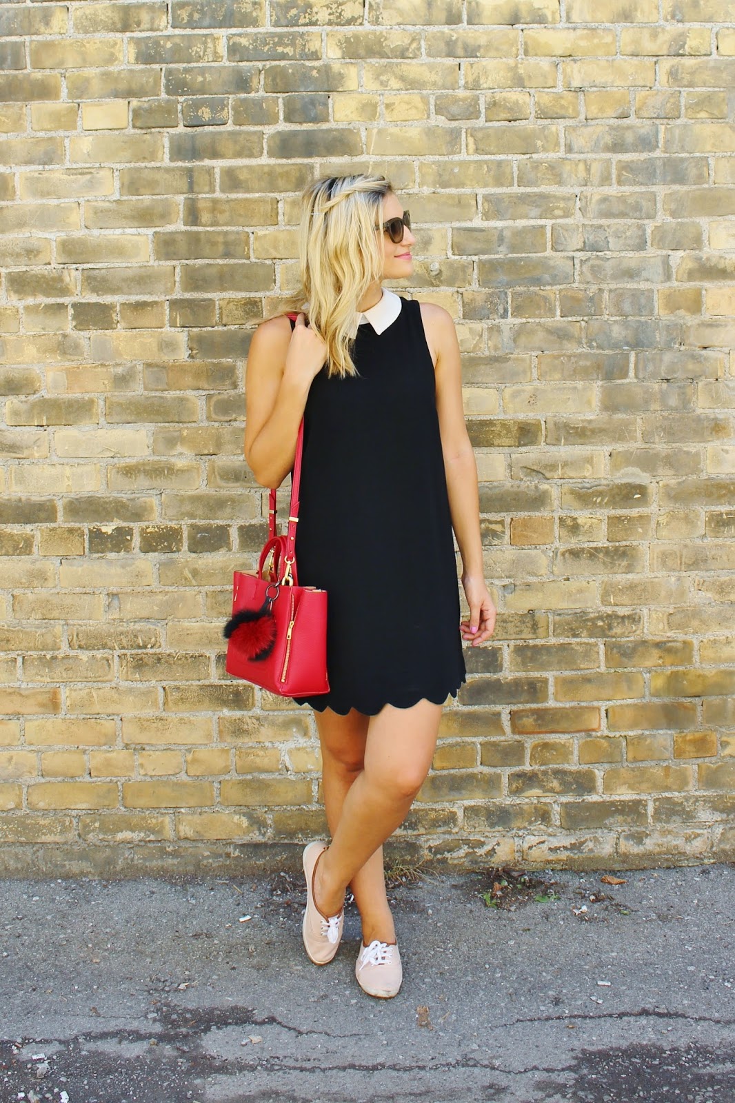 Bijuleni- Preppy peter pan collar black dress, red Ann Taylor tote and beige sneakers