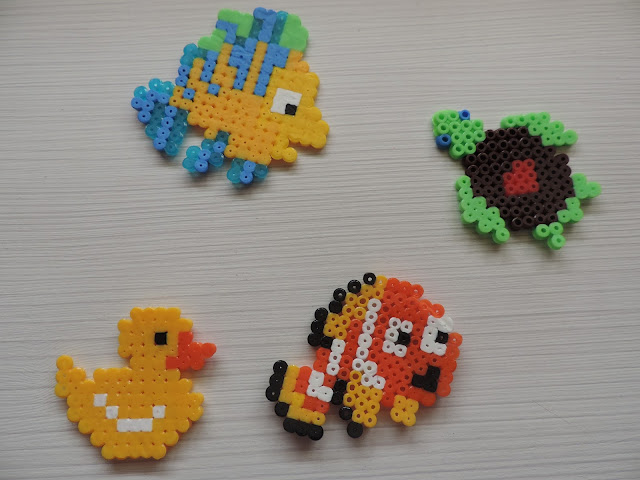 peces y animalitos marinos de pyssla o hama beds, manualidades con niños, manualidades de verano, 