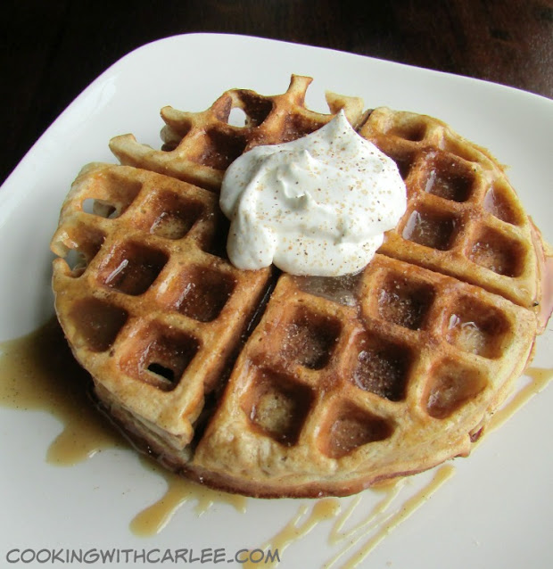 These delicious waffles are made with apple cider to bring the taste of fall to your table. Can be made sweet or savory! waffles drizzled with apple cider caramel, cinnamon and whipped cream