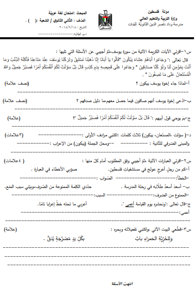امتحان في الوحدة الأولى لغة عربية للصف الثاني عشر الفصل الأول