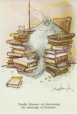 Totally illiterate cat discovering the advantage of literature (Ronald Searle)