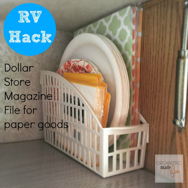 RV Hack - inexpensive dollar store magazine file for paper goods ::OrganizingMadeFun.com