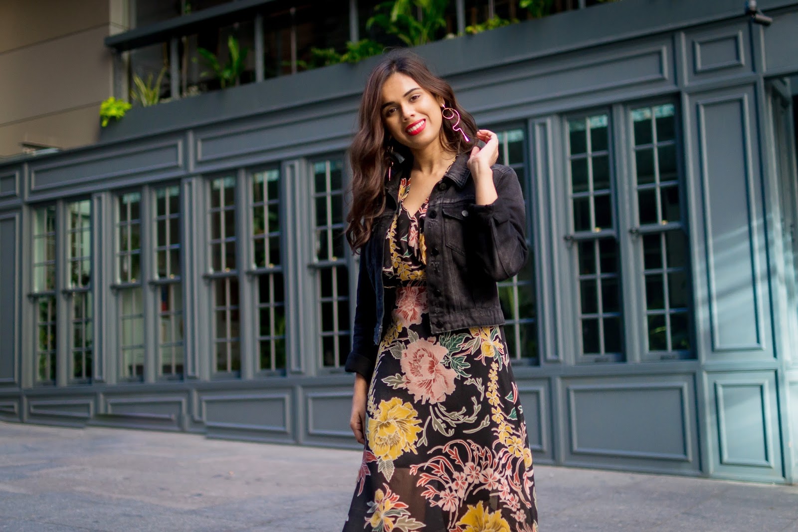 Denim Jacket with Floral Midi Dress