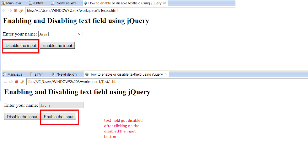 How to enable/disable an element using jQuery and JavaScript? Example