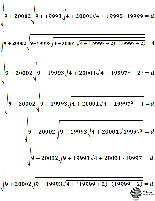 Obliczamy wartość wyrażenia pierwiastkowego d w analogiczny sposób korzystając ze wzoru na różnicę kwadratów dwóch wyrażeń: