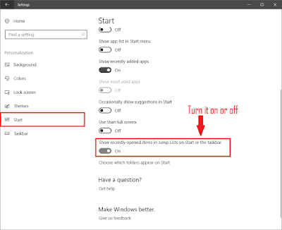 Turn On or Off Recent  Items and Most Visited Places in Windows 10