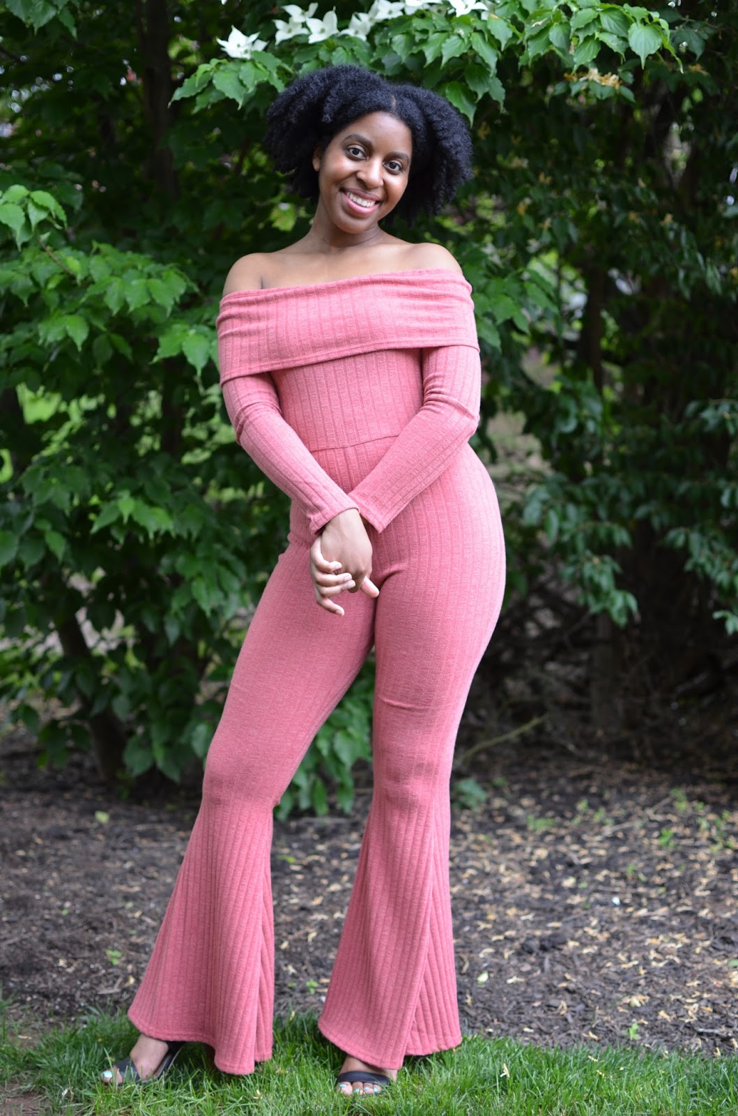 pink bell bottom jumpsuit