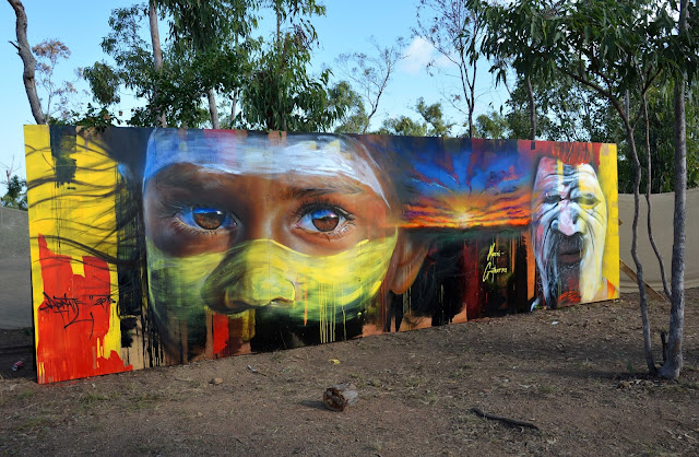 Adnate just finished working on this beautiful piece which was painted in Arnhem Land, a remote part of Australia at an Australian Indigenous Cultural festival called Garma. 