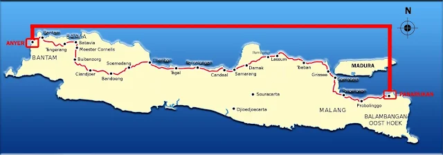 Daendels ordered the construction of a 1000 km long road linking Anyer in Banten and Panarukan in East Java