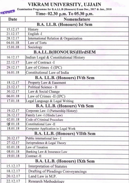 Vikram University Ujjain Time Table Vikram University Ujjain Time Table