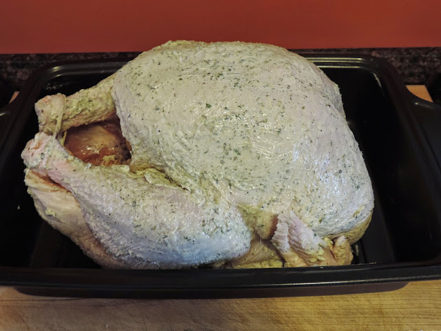 The turkey ready to go into the oven. 