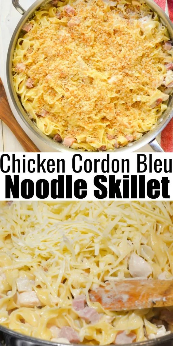 Chicken Cordon Bleu Noodle Skillet with Panko Bread Crumbs with ham, chicken, egg noodles and gruyere cheese. 