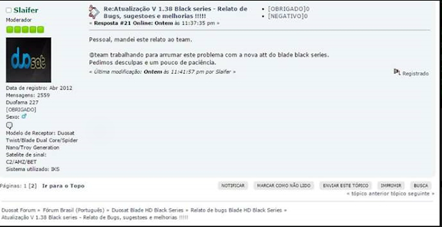 Comunicado Forum duosat sobre o Blade hd Black Series img 2