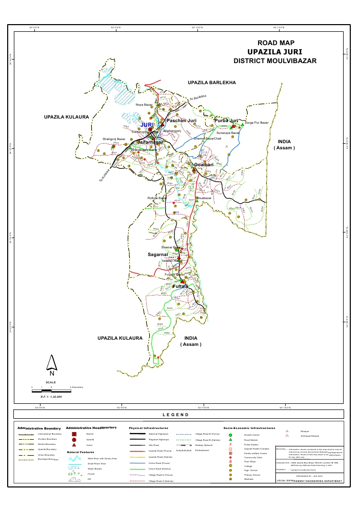 Juri Upazila Road Map Moulvibazar District Bangladesh