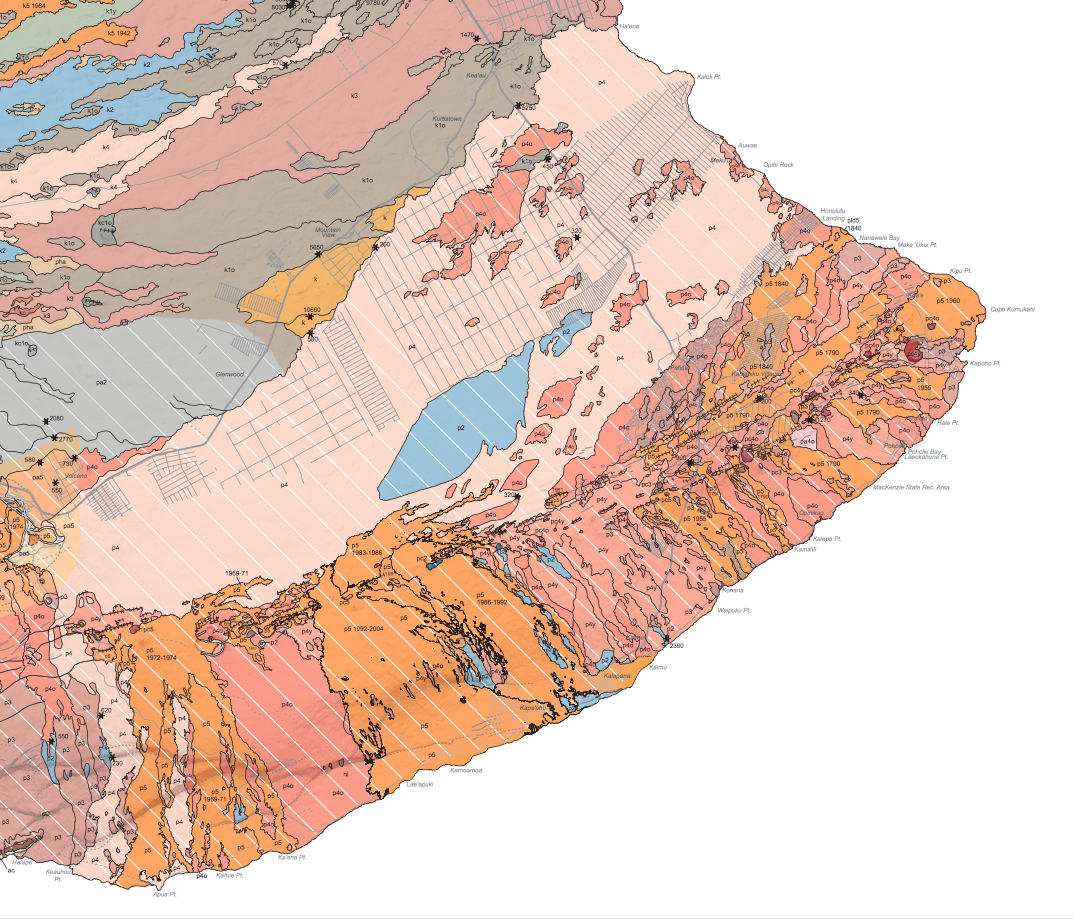here the aila au flows are in white lined pink and keen eyes can see they originate at the east end of kilauea iki while the bulk of those flows here the aila au flows are in white lined pink and keen eyes can see they originate at the east end of kilauea iki while the bulk of those flows