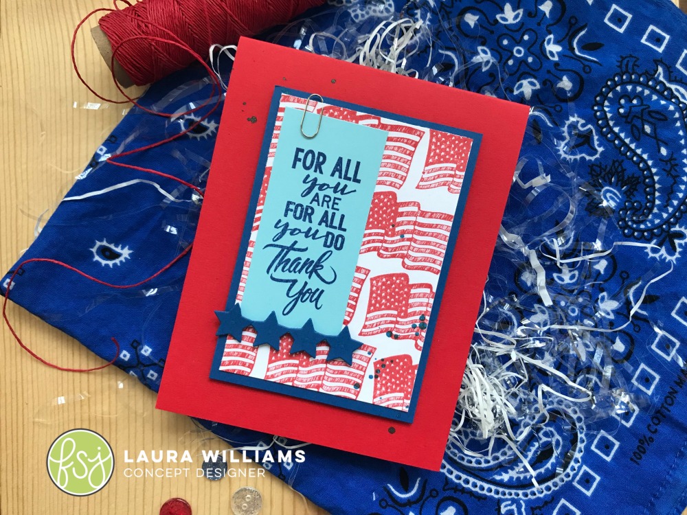 Use Fun Stampers Journey's stamp sets: All You Do, Old Glory, and Freedom Sparkle. These red rubber stamps work so well together to create patriotic paper crafts of all kinds. #funstampersjourney #handamdecards #patrioticcrafts #lauralooloo
