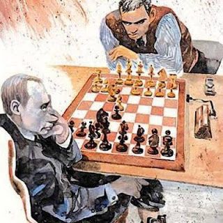 Garry Kasparov face à Poutine qui joue bien sûr la Défense Russe 1.e4 e5 2.Cf3 Cf6  