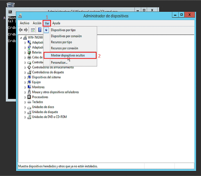 activar la opción, Mostrar dispositivos ocultos en el menú Ver del Administrador de dispositivos de Windows