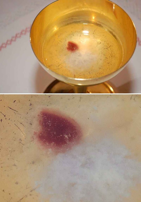 A hóstia que devia se dissolver começou a transudar sangue e formar tecido (foto acima). Embaixo ampliação. A hóstia que devia se dissolver começou a transudar sangue e formar tecido (foto acima). Embaixo ampliação.