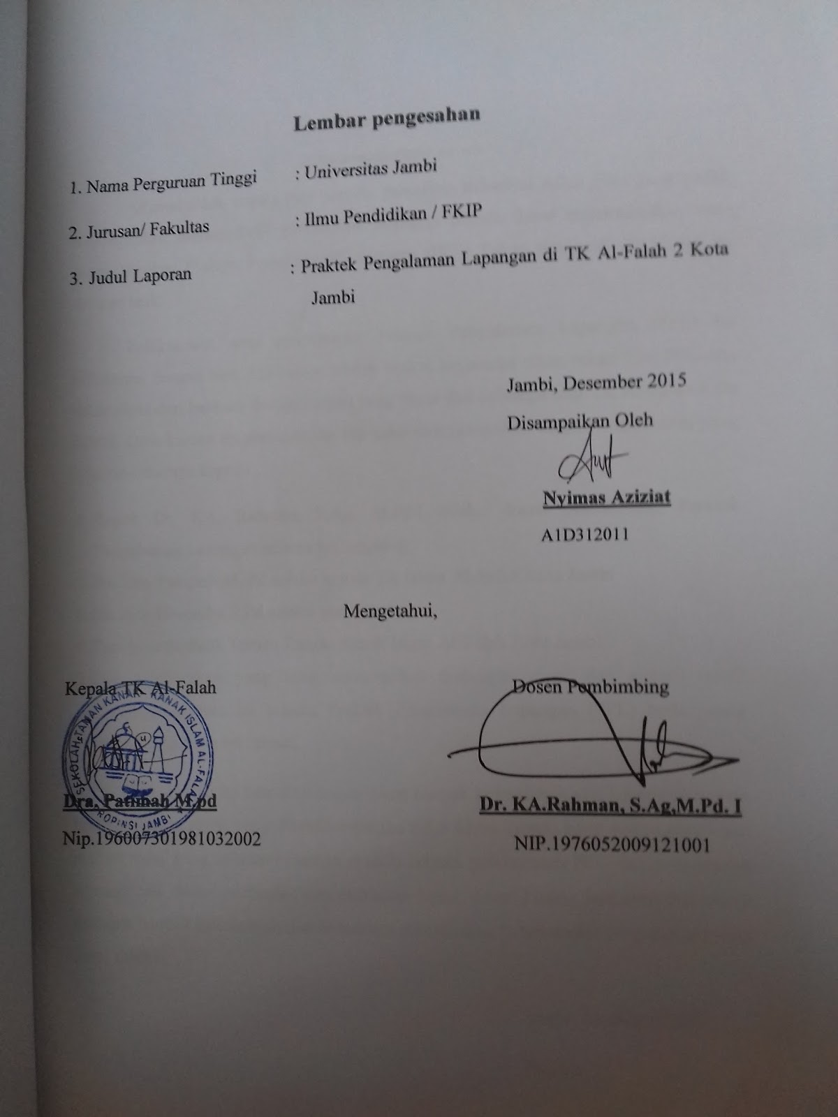 Cinta Anak Usia Dini Contoh Tugas Laporan Program Praktek Lapangan Ppl