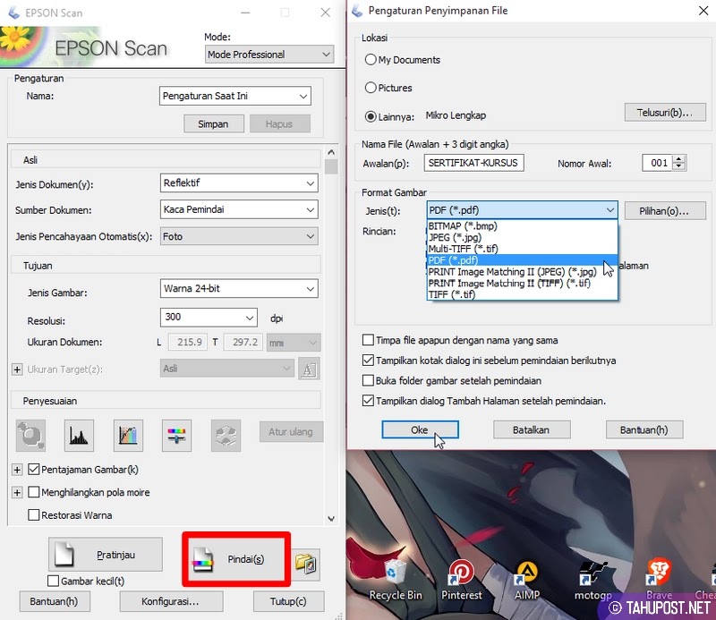 Klik Pindai(s), Atur Lokasi File, Nama dan Format File - Cara Scan Printer Epson L360