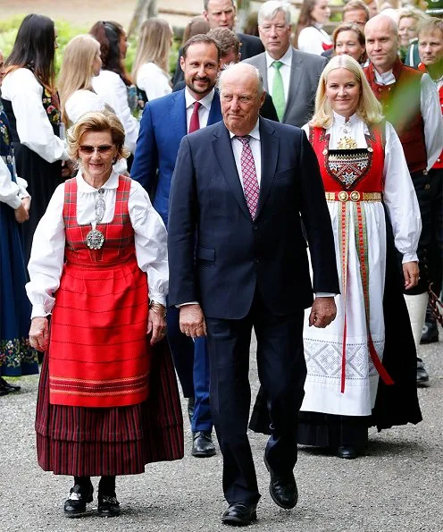 Queen Sonja, Crown Princess Mette-Marit, Crown Prince Haakon and King Harald attend garden party at Open-air Museum in Lillehammer