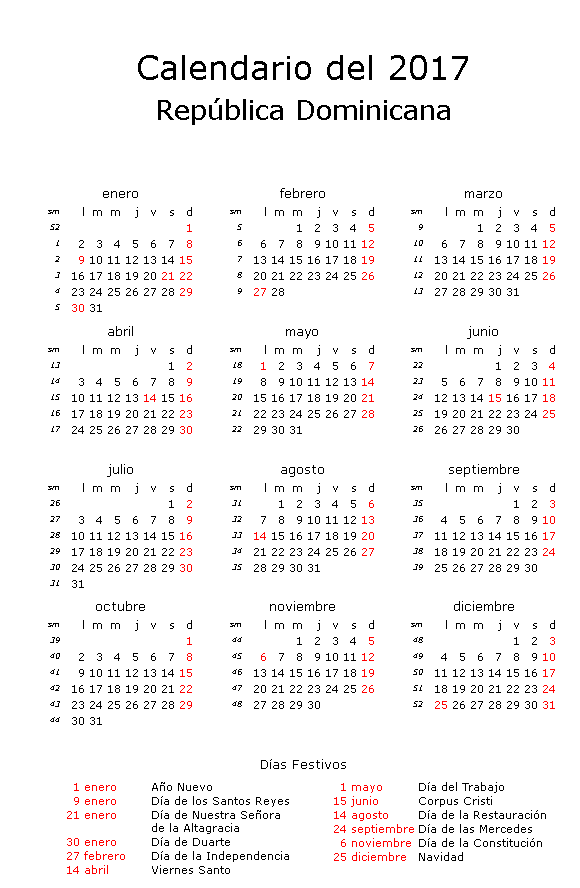 Calendario 2017 para imprimir con feriados en República Dominicana
