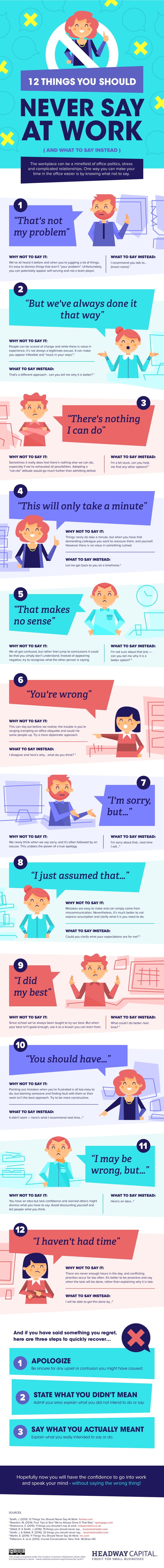 12 Things You Should Never Say At Work (and what to say instead) - #infographic