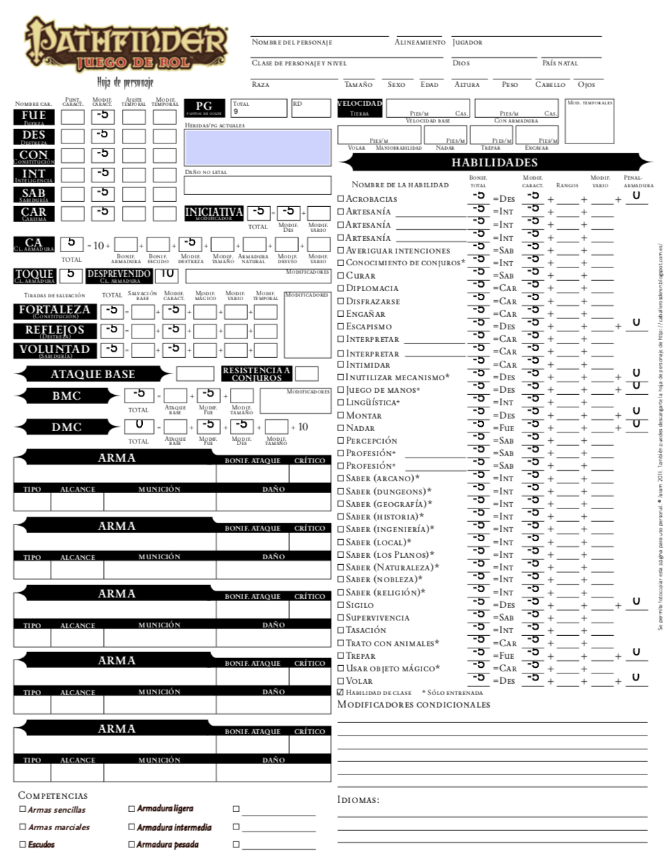 Sinergia de Rol: Hoja de personaje para Pathfinder editable (por Asram