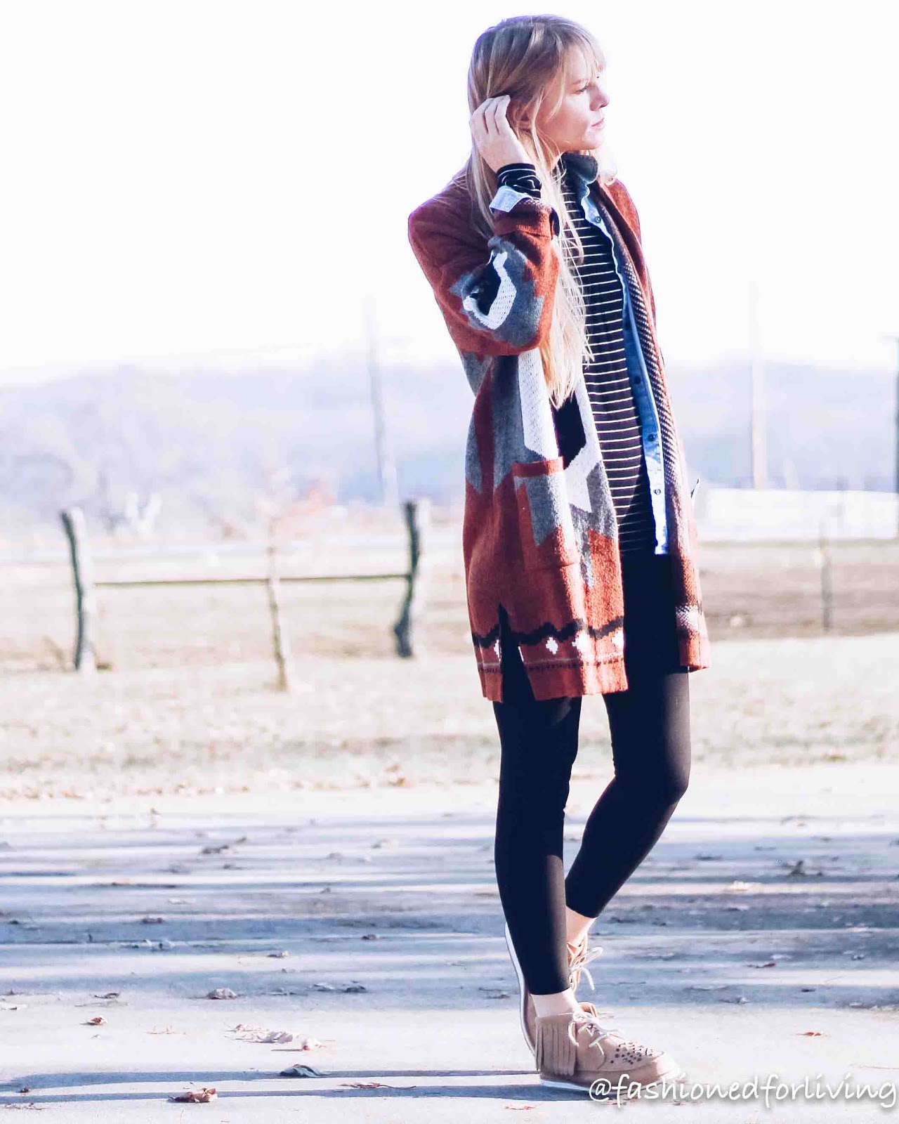 ariat cruisers outfit with tribal cardigan and leggings