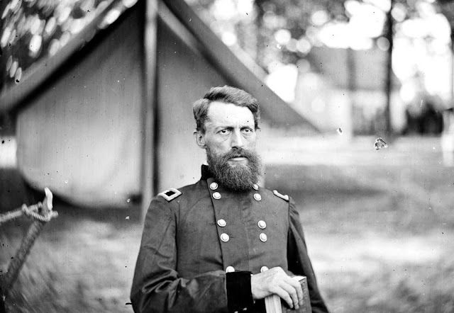 Union General George Stoneman, in a camp near Fair Oaks, Virginia in June of 1862. Stoneman was a career Army officer, and took part in several campaigns throughout the war. Afterwards, he moved first to Arizona, then to California, where, in 1882, he was elected governor of California and served a single four-year term.