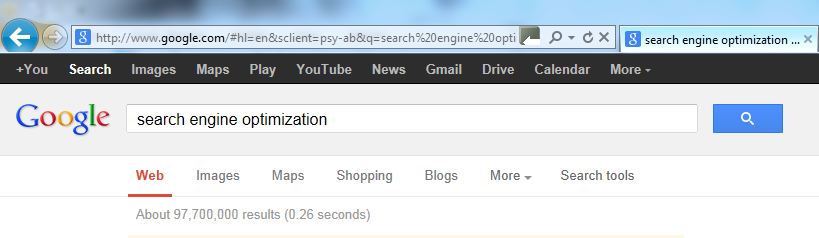 Result for "Search Engine Optimization" on afternoon of March 10, 2013 About 97,700,000 results in 0.26 seconds when searching for "seach engine optimization" on google